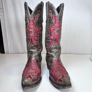 Lane Women’s Lexington Snip-Toe Western Cowboy Boots Red Leather Inlays Size 8.5